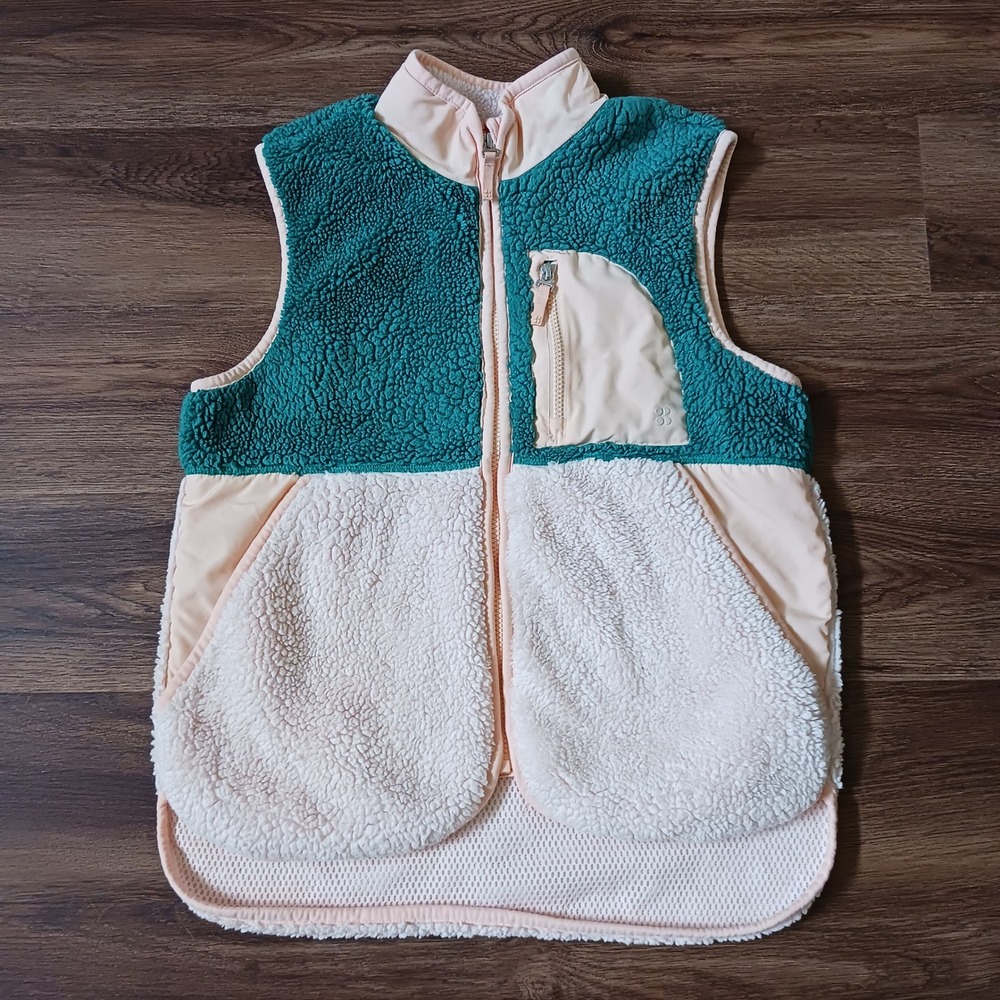 Sweaty Betty Pennine Fleece Vest Teal Peach Colorblock Sherpa Zip Up Small